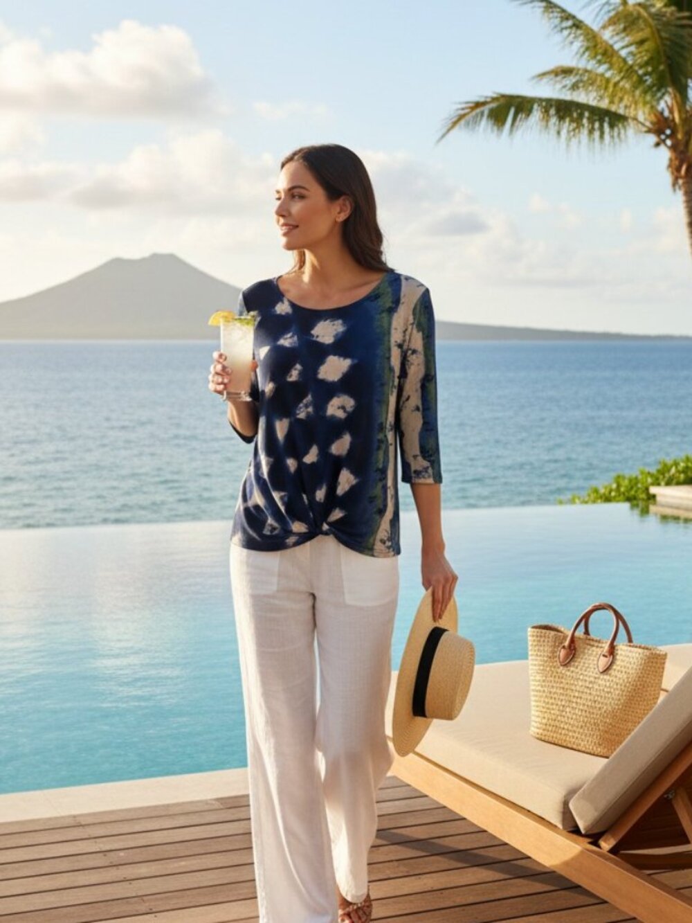Clara Sunwoo XS Twist Front Travel Knit Top Blue Tie Dye